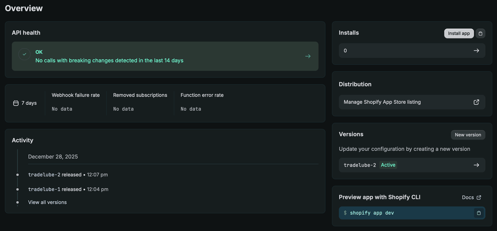 App overview in the Dev Dashboard with the Installations, Distribution and Versions sections