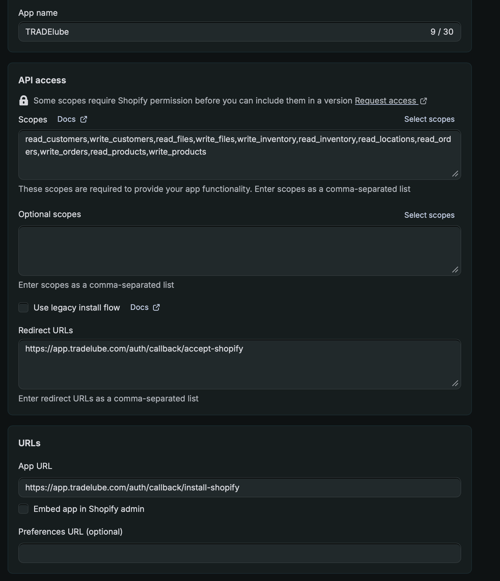 Create version form with the Scopes, Redirect URLs and App URL fields