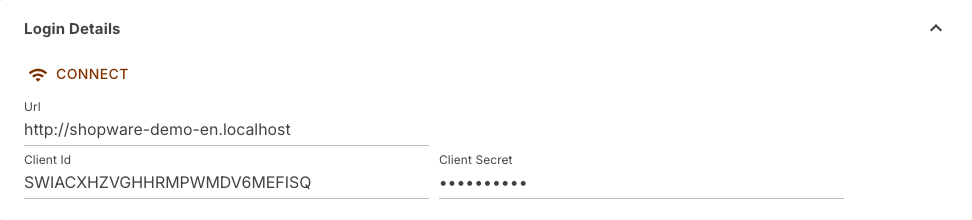 Login details section of the Shopware channel with the Connect button, the shop's Url and the fields Client Id and Client Secret