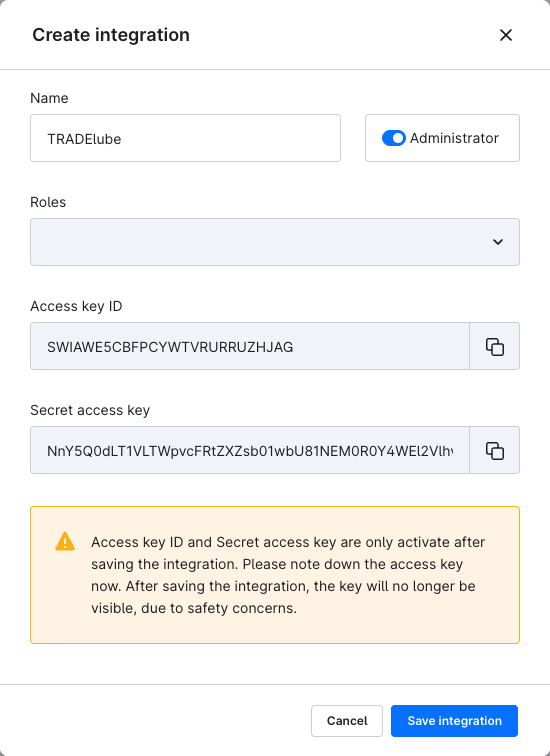 Dialog for creating an integration with the name TRADElube, the administrator switch on and the key pair