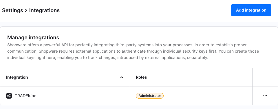 Integration list in the Shopware administration with the button for creating an integration