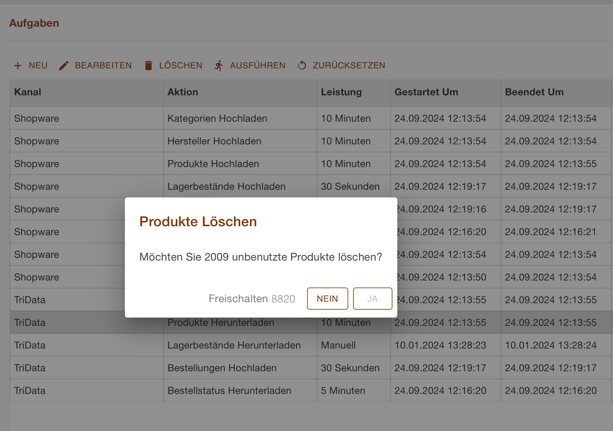 Dialog Produkte Löschen über der Aufgabenliste, mit der Anzahl der betroffenen Produkte, dem Freischaltcode und den Schaltflächen Nein und Ja
