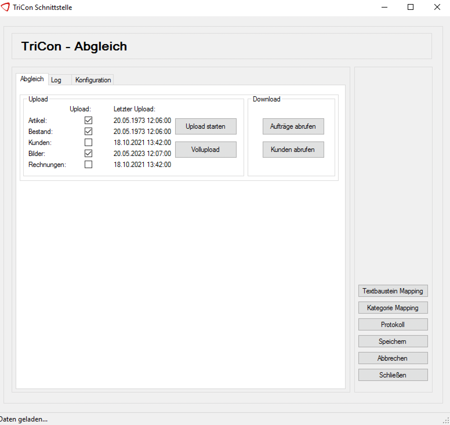 Fenster TriCon Abgleich mit den Kontrollkästchen Artikel, Bestand, Kunden, Bilder und Rechnungen sowie den Schaltflächen Upload starten und Vollupload