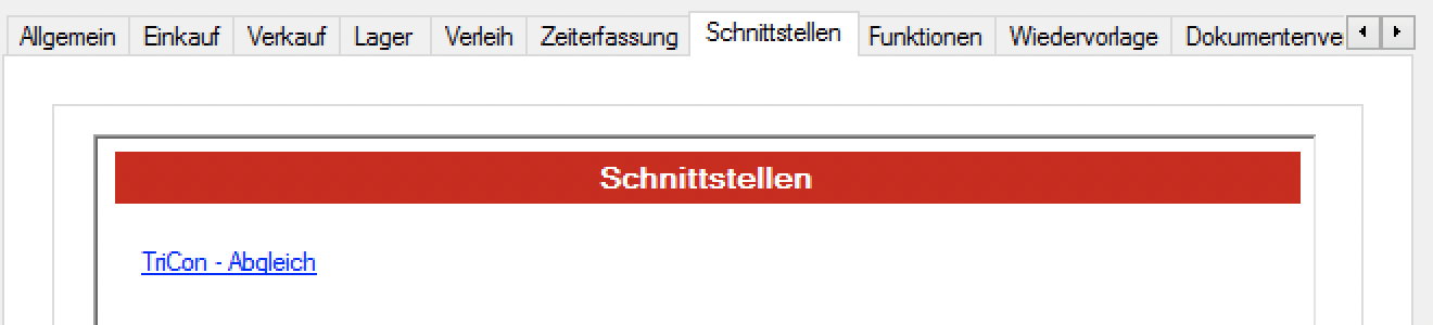 Konfiguration der Warenwirtschaft mit dem Eintrag TriCon - Abgleich unter Schnittstellen