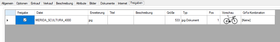 Stammdatenblatt eines Artikels in TriData unter Freigaben, je Bilddatei ein Häkchen Freigabe