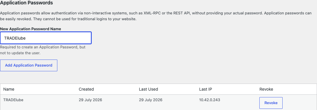 Application Passwords section in the WordPress profile with the name field