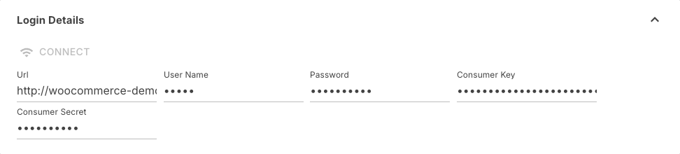 Login details section of the WooCommerce channel with Url, user name, password, consumer key and consumer secret