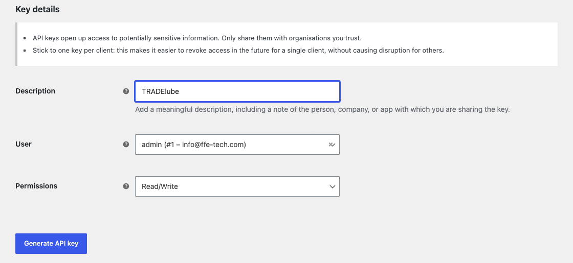 Form for a new REST API key with the description TRADElube and the permission Read/Write