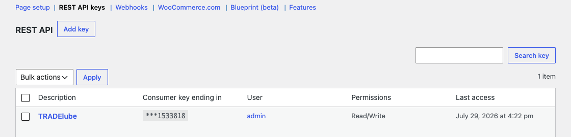 List of REST API keys in the advanced WooCommerce settings