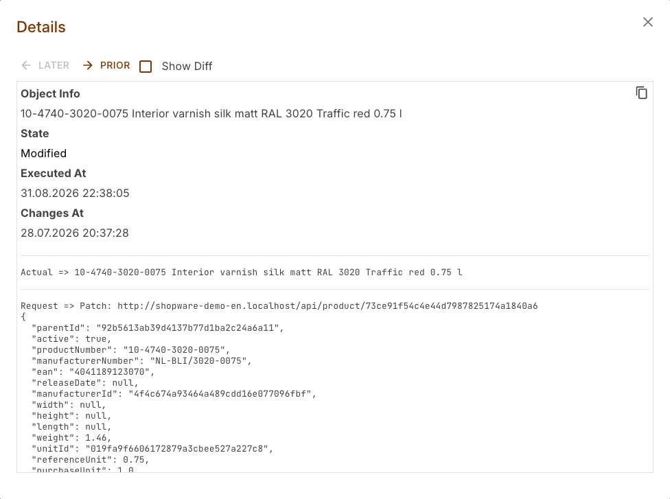 Details dialog with object info, state, both timestamps and the data of an article handed over to the shop