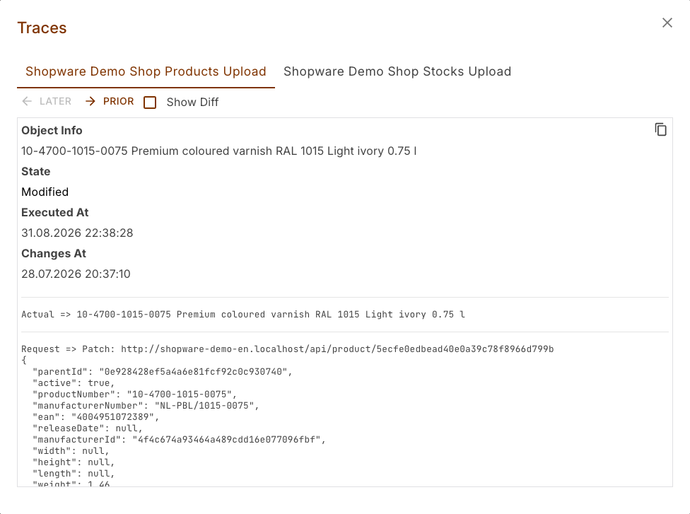 Traces dialog with one tab per task and the data of the article handed over to the shop