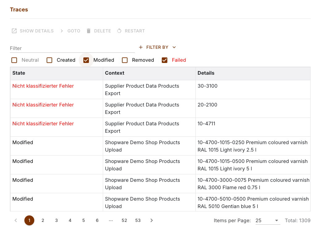 Overall traces overview with the five state filters, the toolbar and failed next to modified transfers from two tasks