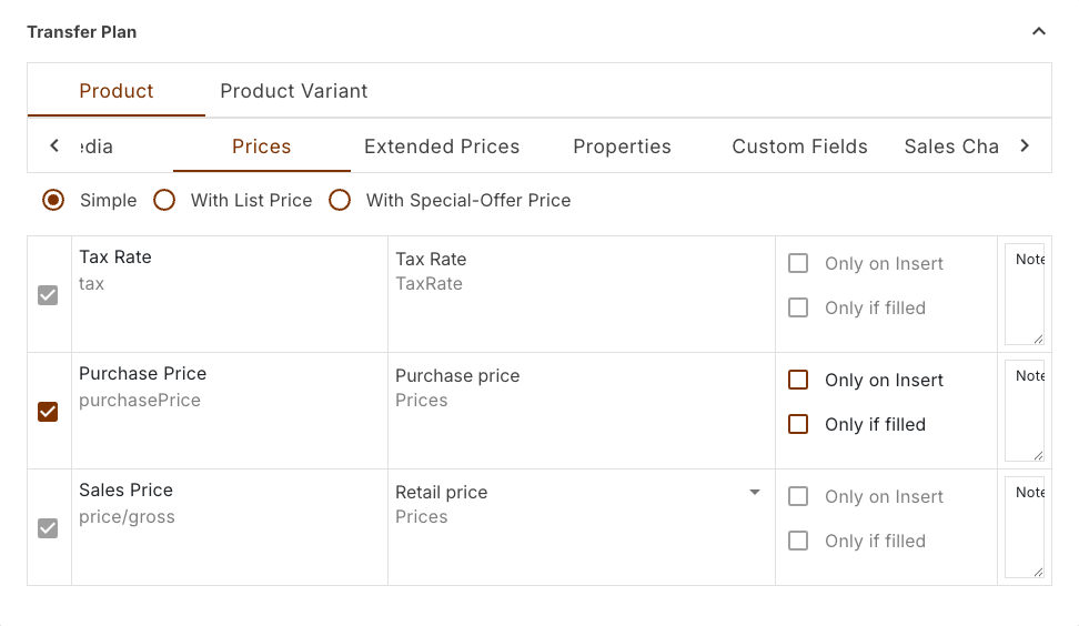 Prices section of a transfer plan with the assignments for tax rate, purchase price and sales price