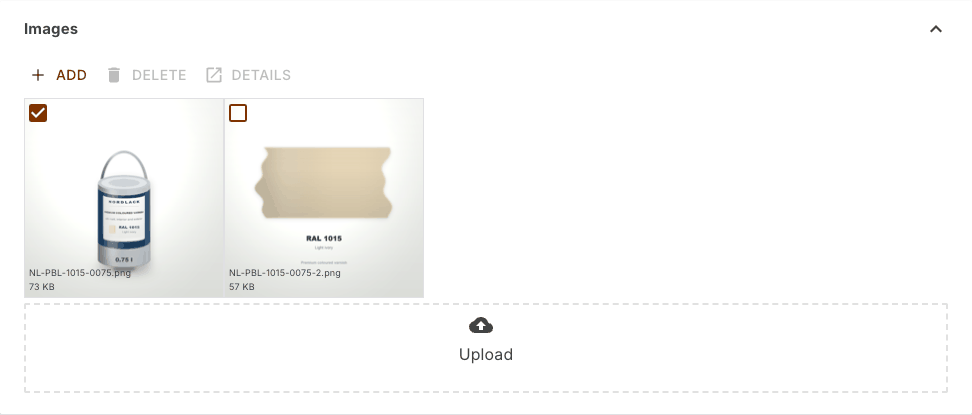 The Images section of a product with two tiles, the tick set on the cover image and the Upload field below