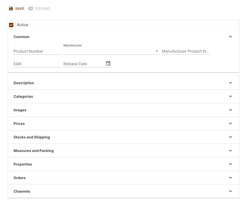 Detail view of a newly created product with the save bar, the Active checkbox and the opened Common section above the remaining collapsed sections