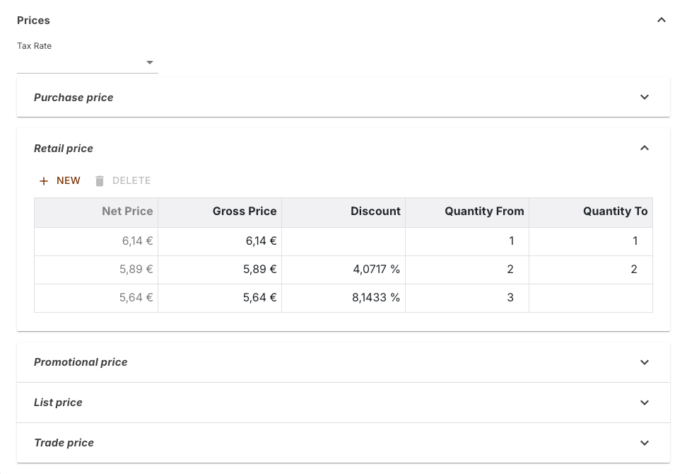 The Prices section of a product with the Tax Rate field, four collapsed price groups and the open trade price carrying three scale rows