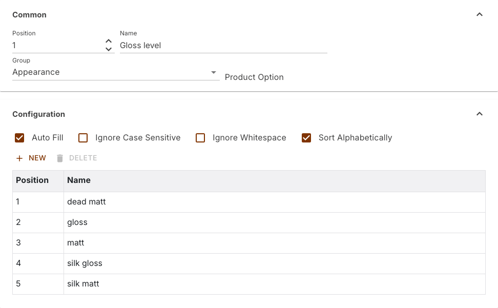 An opened option property in the settings, name and group at the top, below them the checkboxes and the option list with five gloss levels