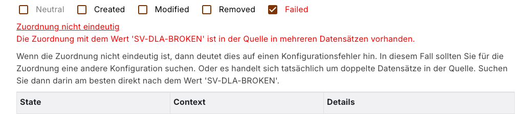 The message of a failed transfer with short message, plain text and note, shown in German, with the list's table header below