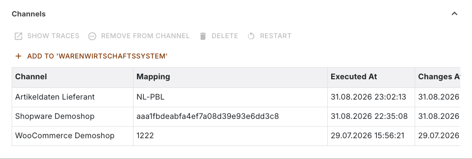 Channels section of a product with one row per channel, the mapping and the timestamps of the last execution