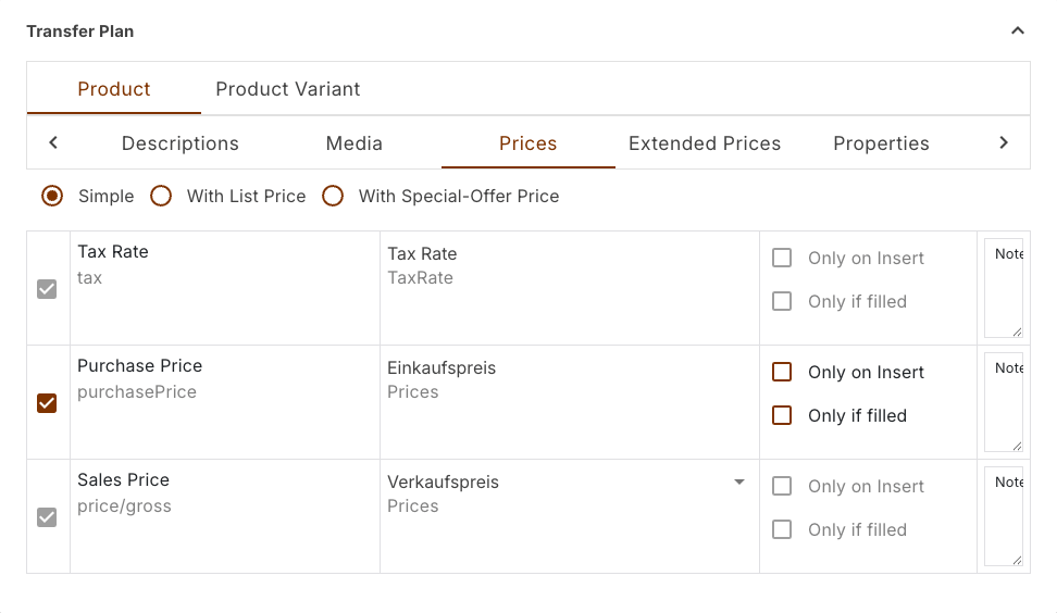 Prices section in the product upload's transfer plan, with the Retail price group as the source of the price/gross target field