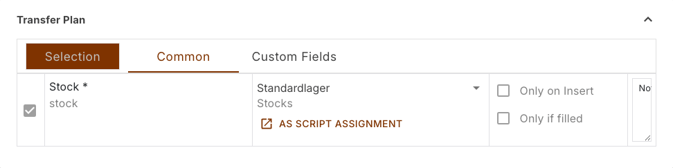 Transfer plan of the stock task with the store assignment set to the default warehouse