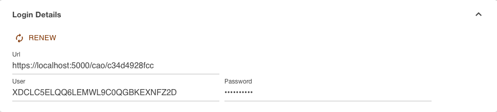 Login details of the connector with url, user, hidden password and the Renew button