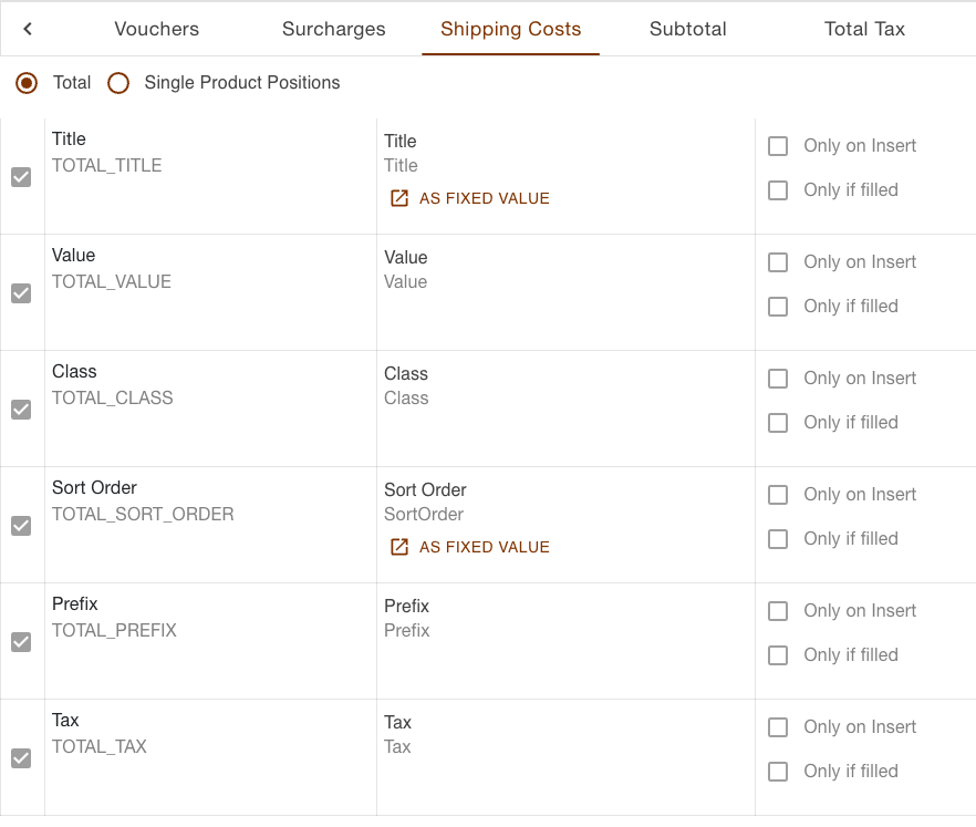 Scrolled section bar of the orders export with the Shipping Costs section selected, below it the choice between Total and Single Product Positions and the six assignments of a total line
