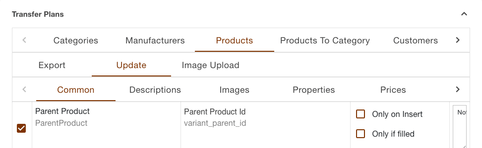Transfer plans section with the three levels of tabs for object, action and section, and the first assignment row