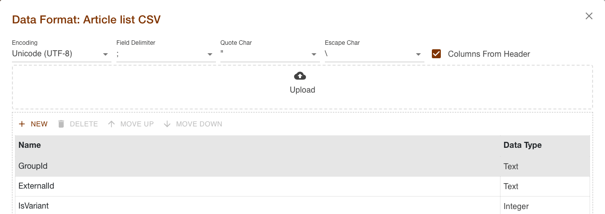 Dialog of a data format with encoding, field delimiter, the upload button and the first fields of the file