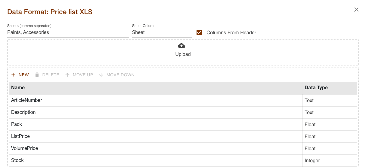 Dialog of an XLS data format with sheets, sheet column and the fields of the workbook