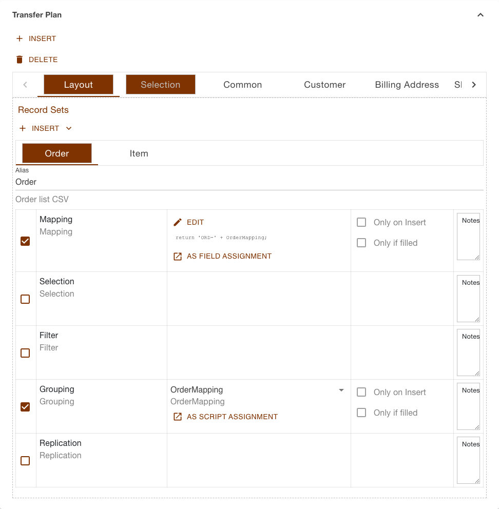 Layout section of the orders import task with the two record sets Order and Item and the mapping as a script