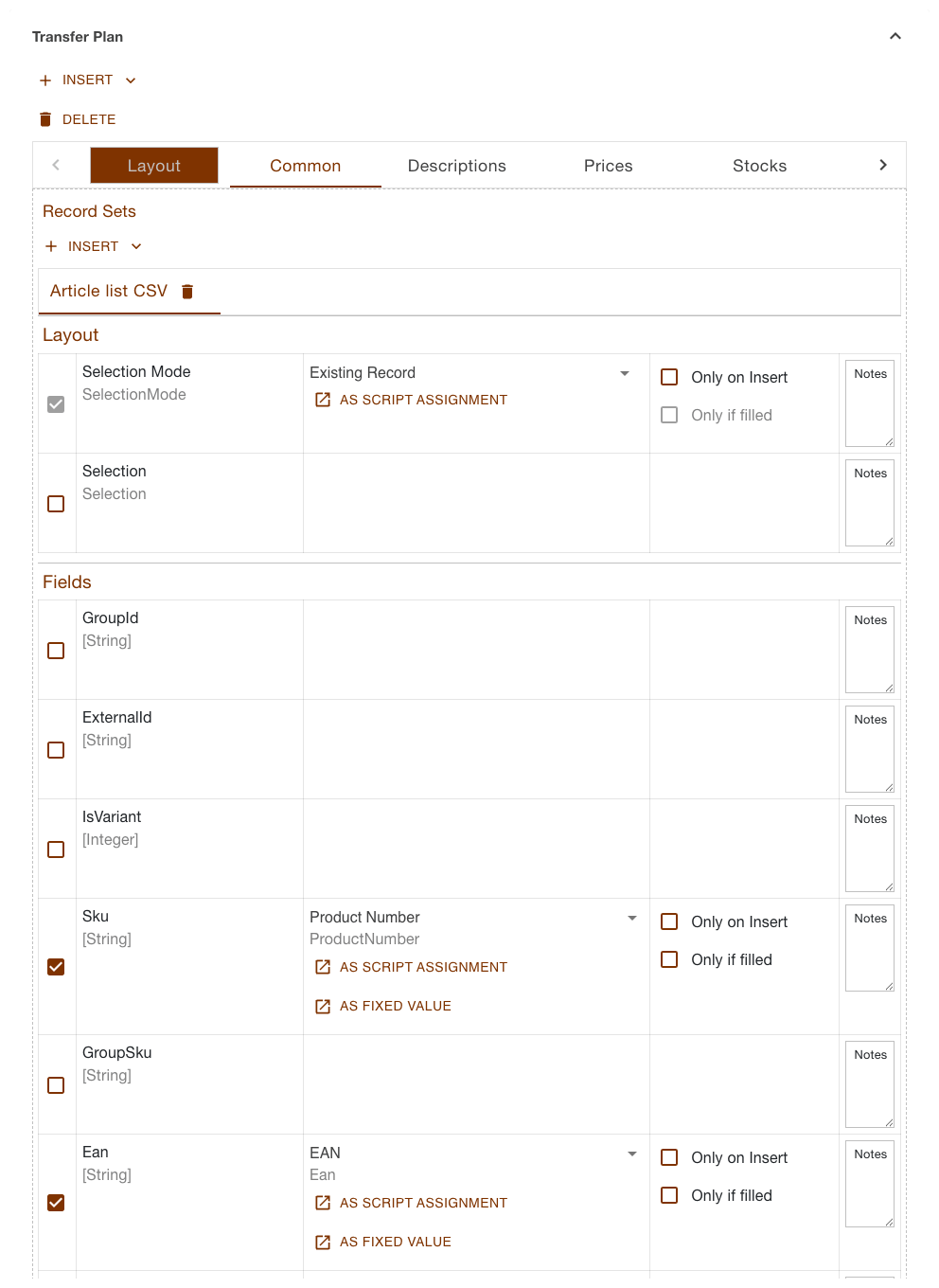 Common section of a product export with the record set Article list CSV and the file's columns as rows, two of them assigned