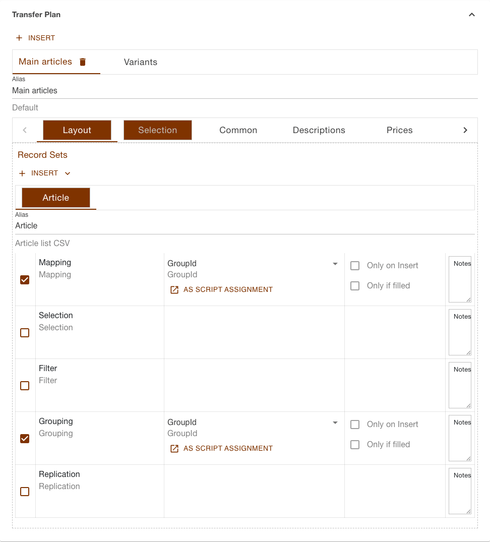 Transfer plan of an import task with the tabs of both plans, the section bar and the record set Article list CSV with its five assignments