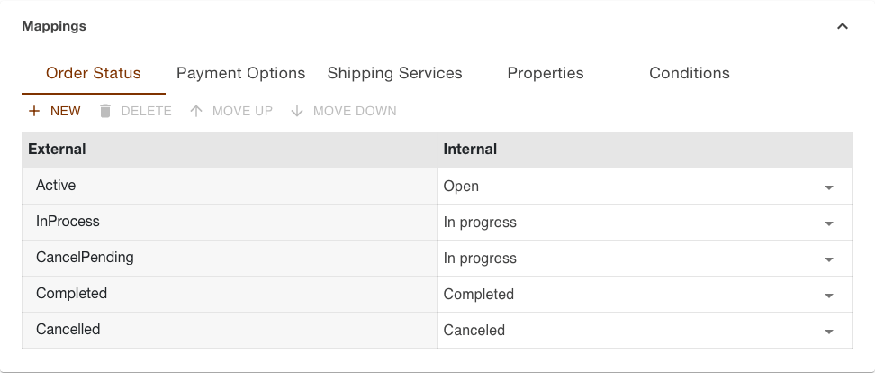 Order status tab of the eBay channel with the five prefilled rows, on the left eBay's state and on the right the order status in TRADElube