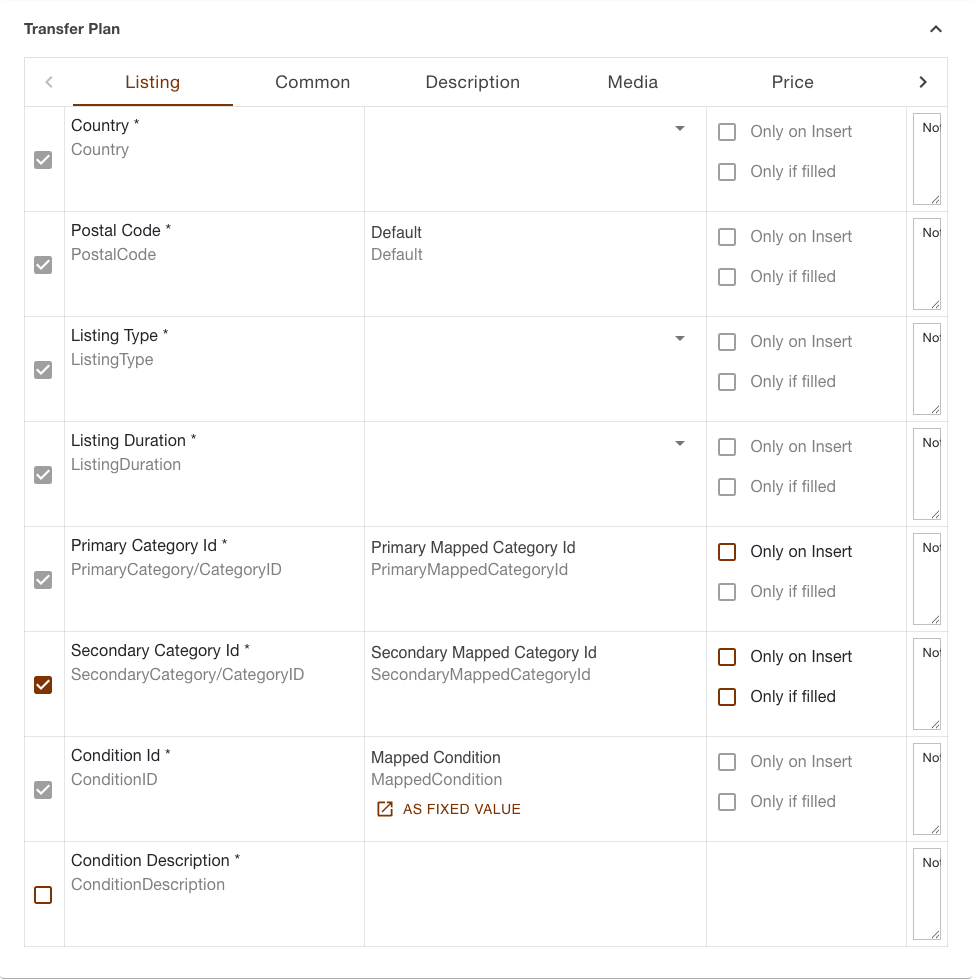 Transfer plan of the products upload task with the scrolling section bar and the rows of the Listing section