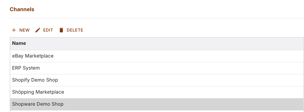 Channel list with four channels, the selected Shopware Demo Shop row and the New, Edit and Delete buttons