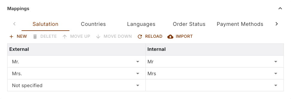 Mappings section of a Shopware channel with the tab row, the External and Internal columns and the buttons above them