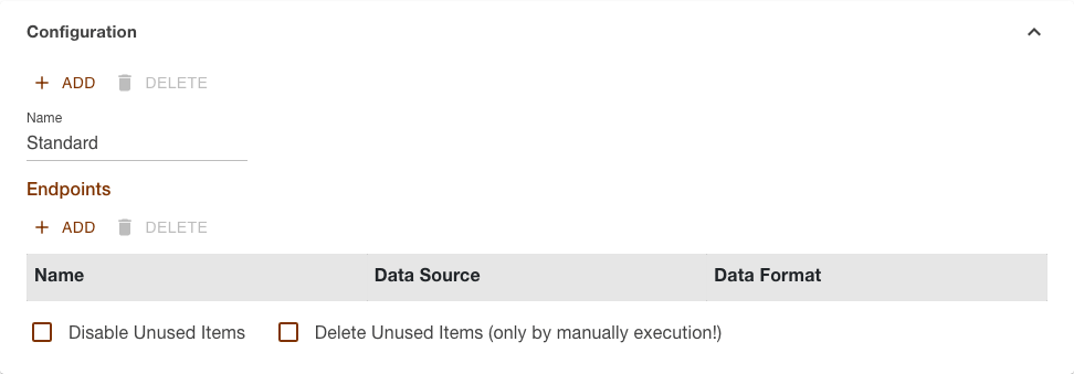 Configuration section of a file-based import task with its list of endpoints