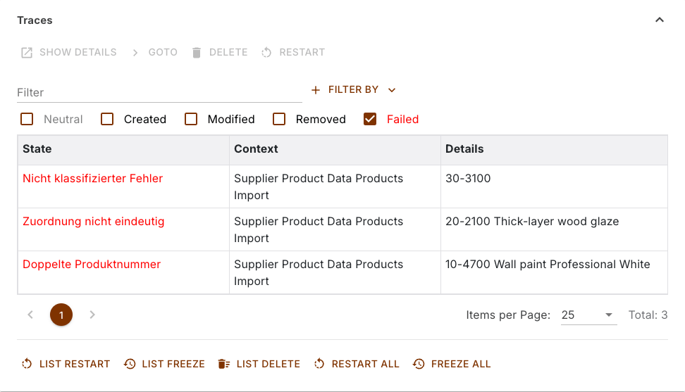 Traces section of a task with the second row of buttons below the list