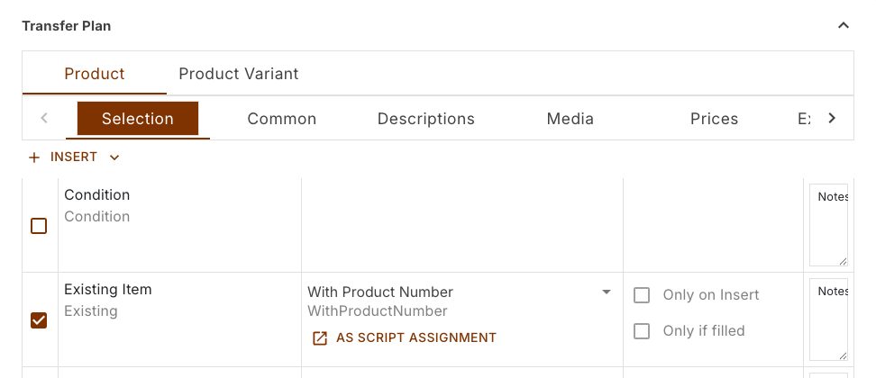 Transfer plan section with the two tab rows for plan and section and the first assignment rows