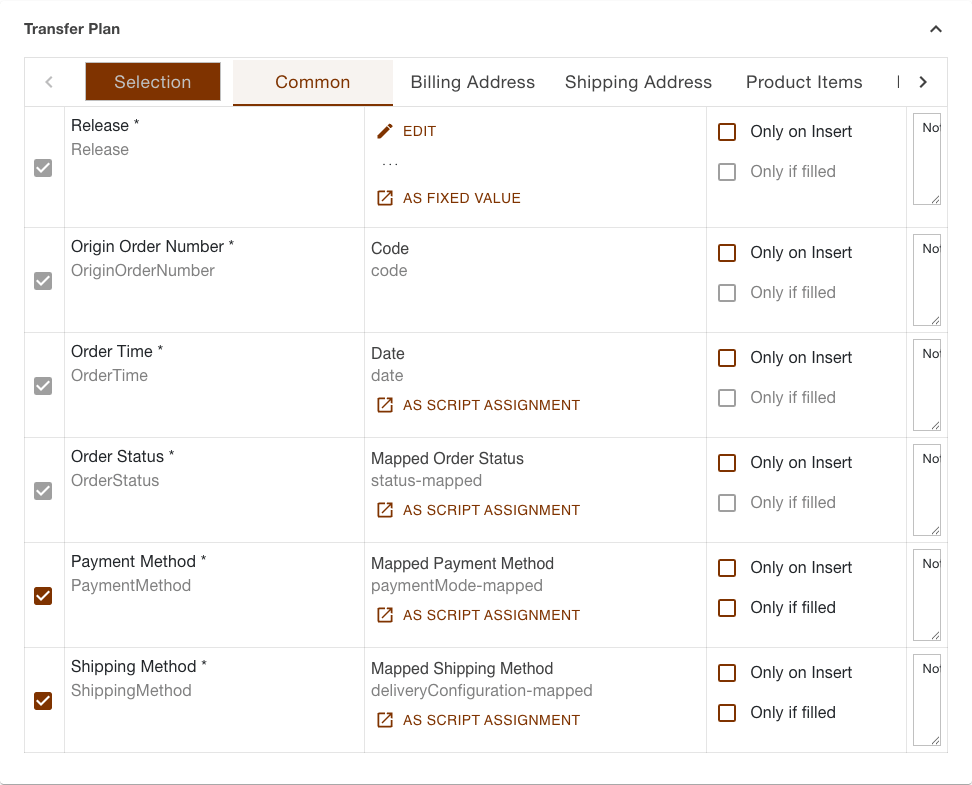 Transfer plan of the orders download task with the scrolling section bar and the six rows of the Common section