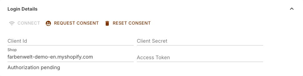 Login details section of the Shopify channel with the shop address entered, the three buttons above it and the note Authorization pending