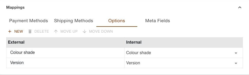 Options tab of the Shopify channel with two rows, on the left the typed-in option name and on the right the drop-down of properties