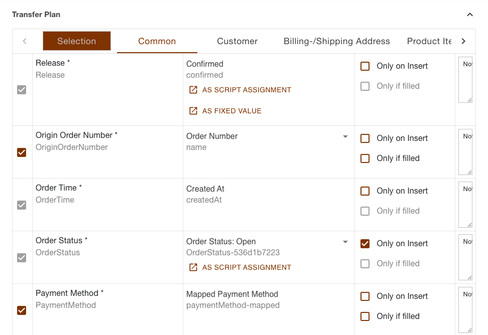 Transfer plan of the orders download task with the scrolled section bar and the Common section open