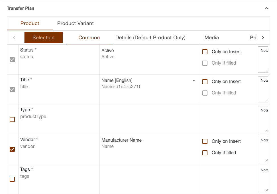 Transfer plan of the products upload task with the bar for the two plans, the section bar below it and the Common section open