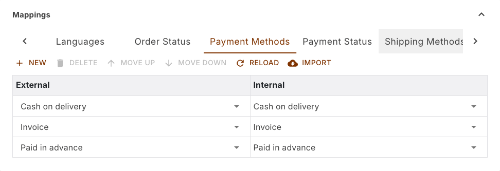 Payment methods tab with the columns External and Internal and the buttons Reload and Import