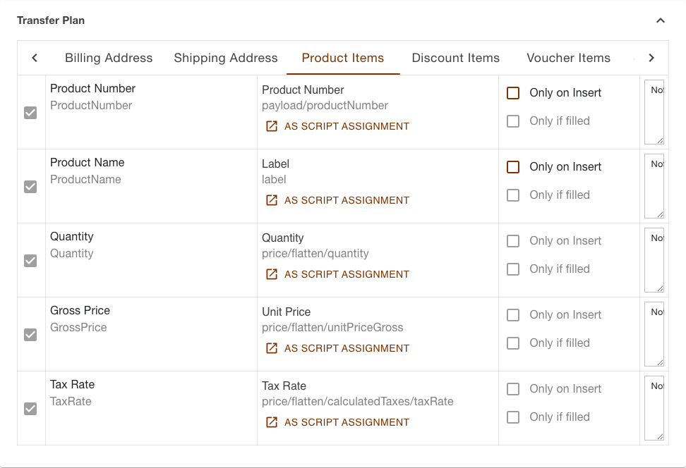 Product Items section in the transfer plan of the orders download task, with its five mandatory assignments
