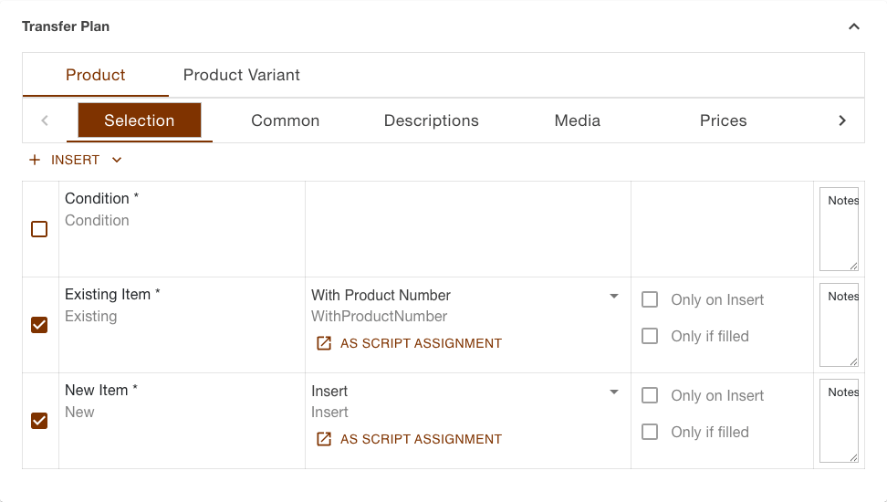 Transfer plan of the products download task with the plans Product and Product Variant and the opened Selection section