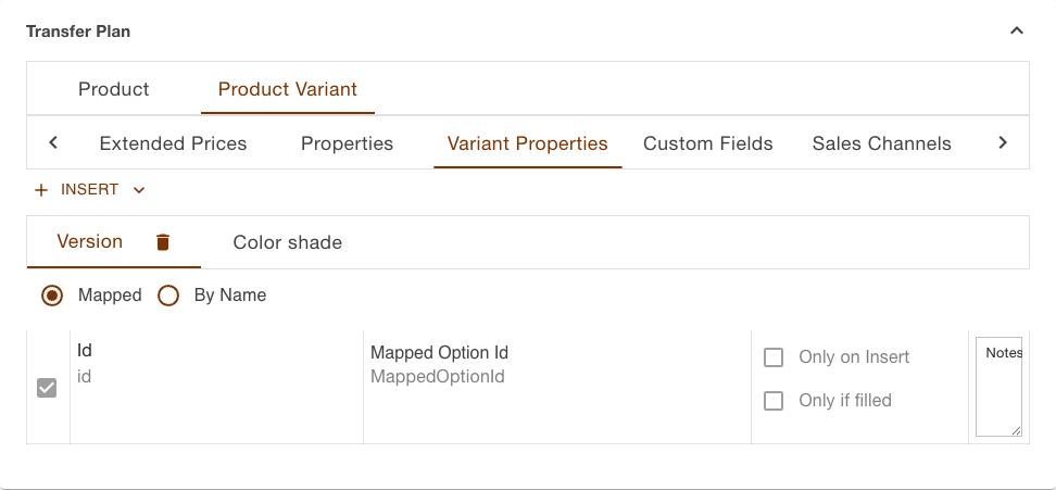 Transfer plan of the products upload task with the plans Product and Product Variant and the opened Variant Properties section
