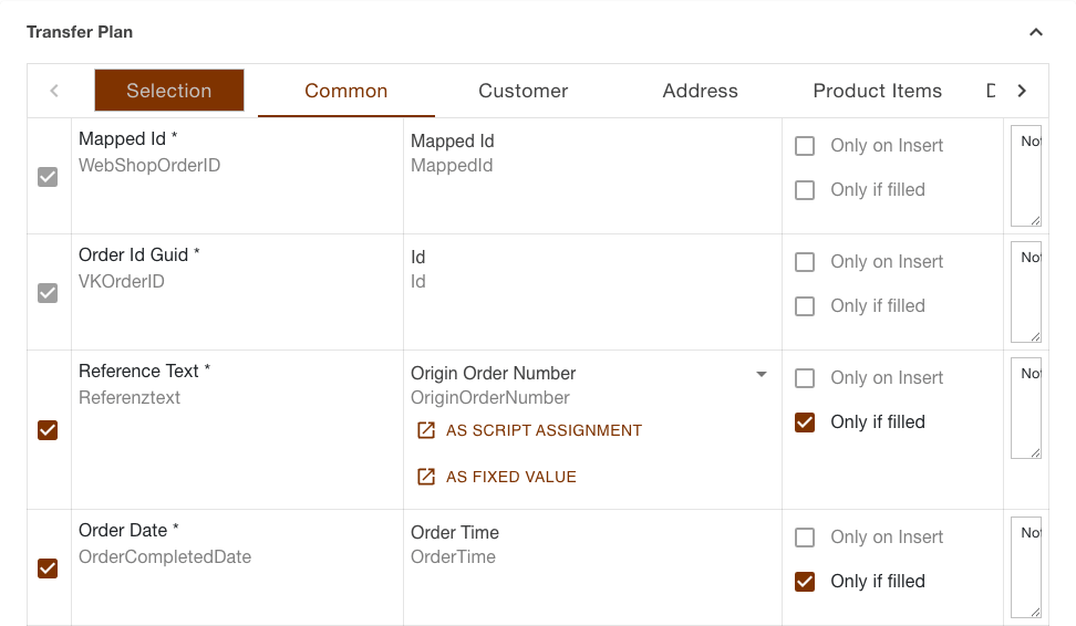 Transfer plan of the orders upload task with the section bar and the opened Common section
